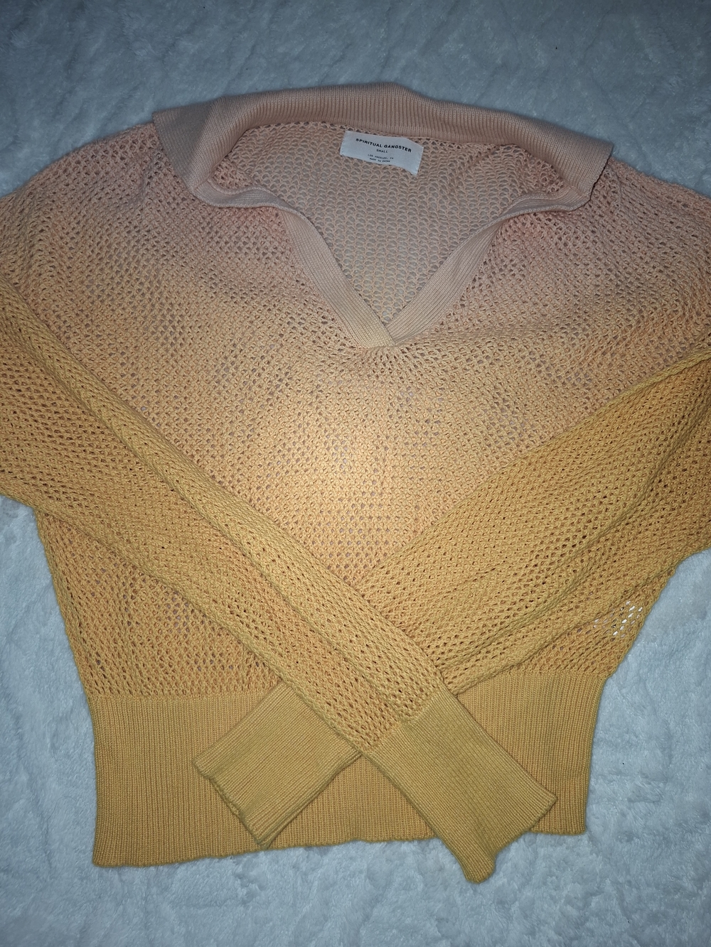 Spiritual Gangster Peach Gradient V-Neck Open Knit Sweater